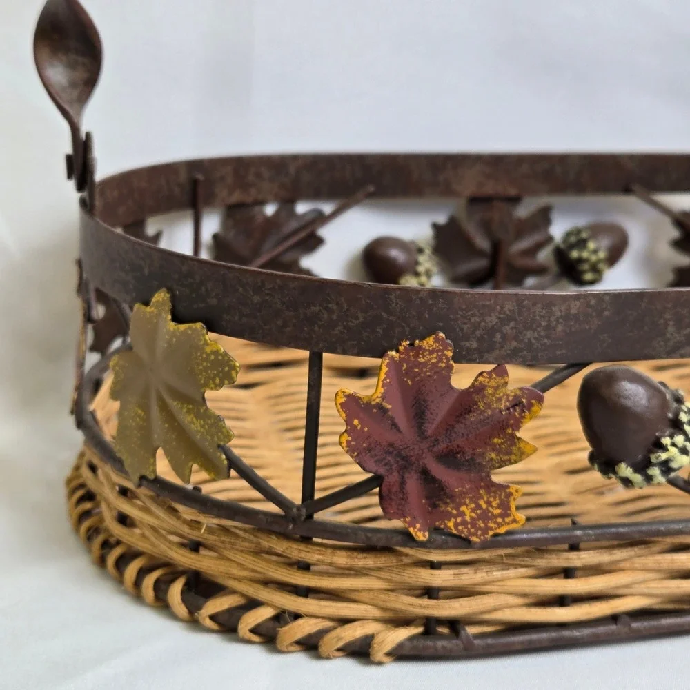 Decorative Basket Woven Wicker Base Metal Rim With Fall Autumn Leaves Acorns 11